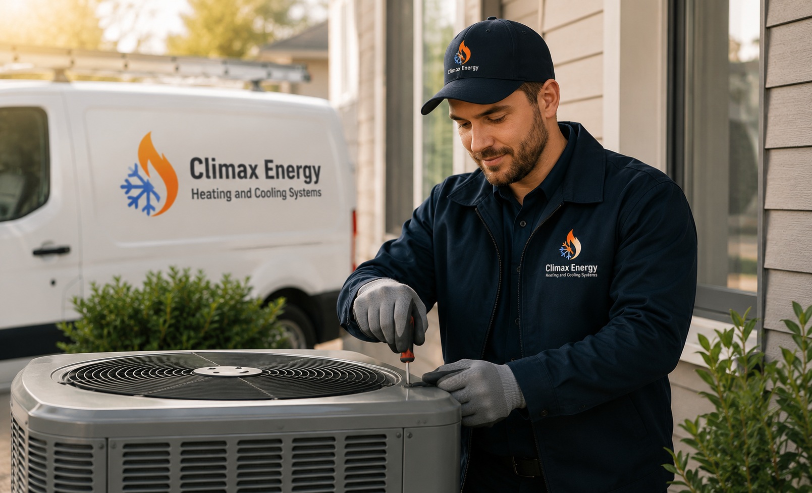Climax Energy technician in branded shirt working on a Mitsubishi outdoor heat pump unit