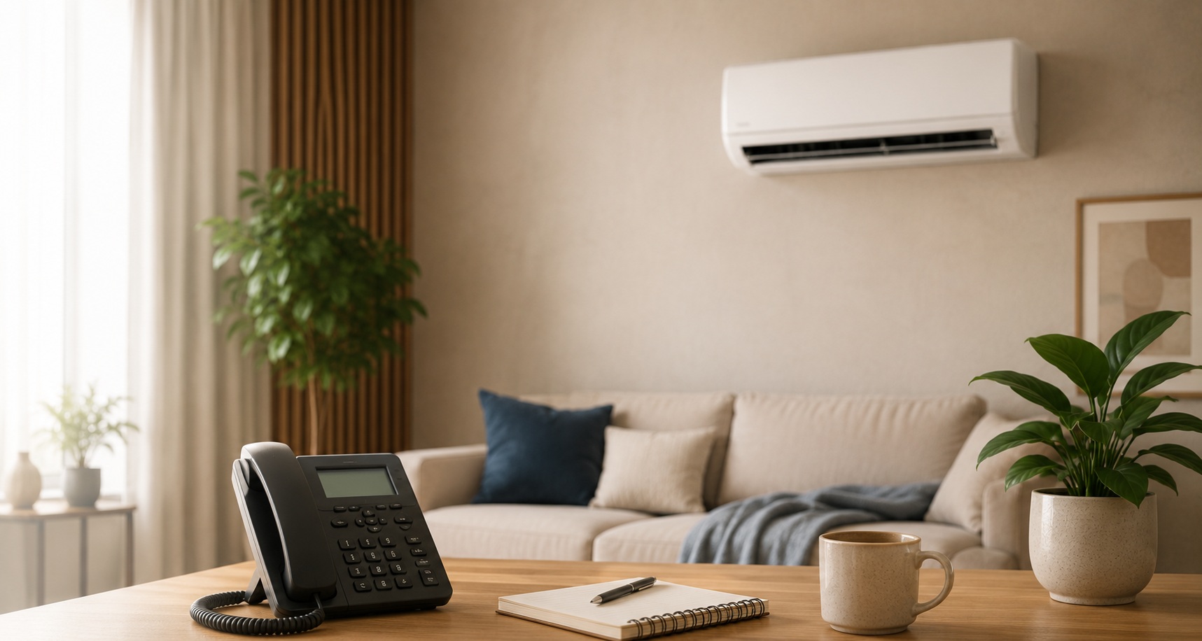Cozy room with air conditioning and phone on desk, ready to book a comfort assessment