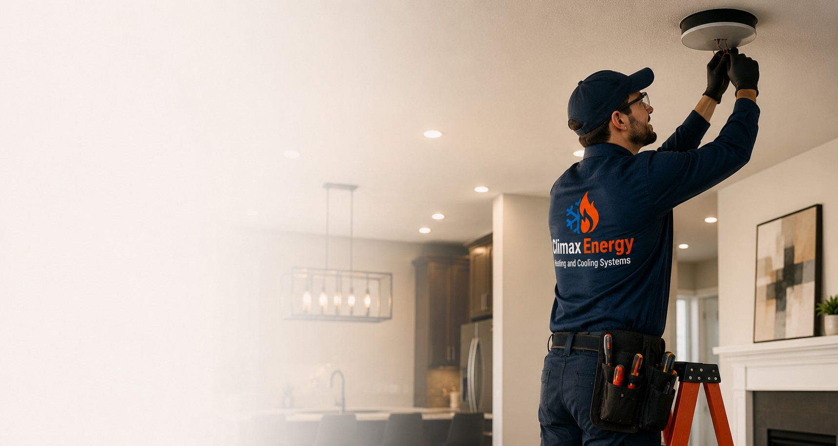 Climax Energy electrician installing a ceiling light fixture