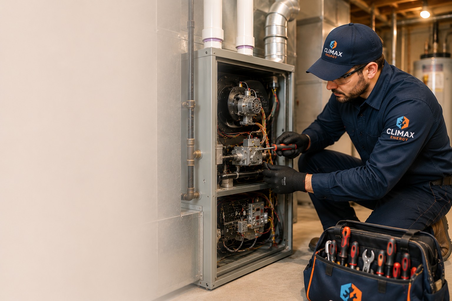 Basement HVAC ductwork installation by Climax Energy